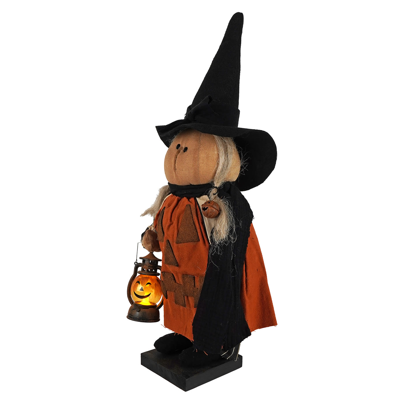 Handcrafted large standing pumpkin witch holding lantern with black hat orange fabric pumpkin patches figural decor