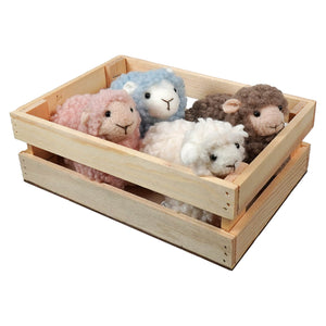 Handcrafted wool standing sheep in pastel green and natural colors nestled in a wooden crate perfect for easter decor
