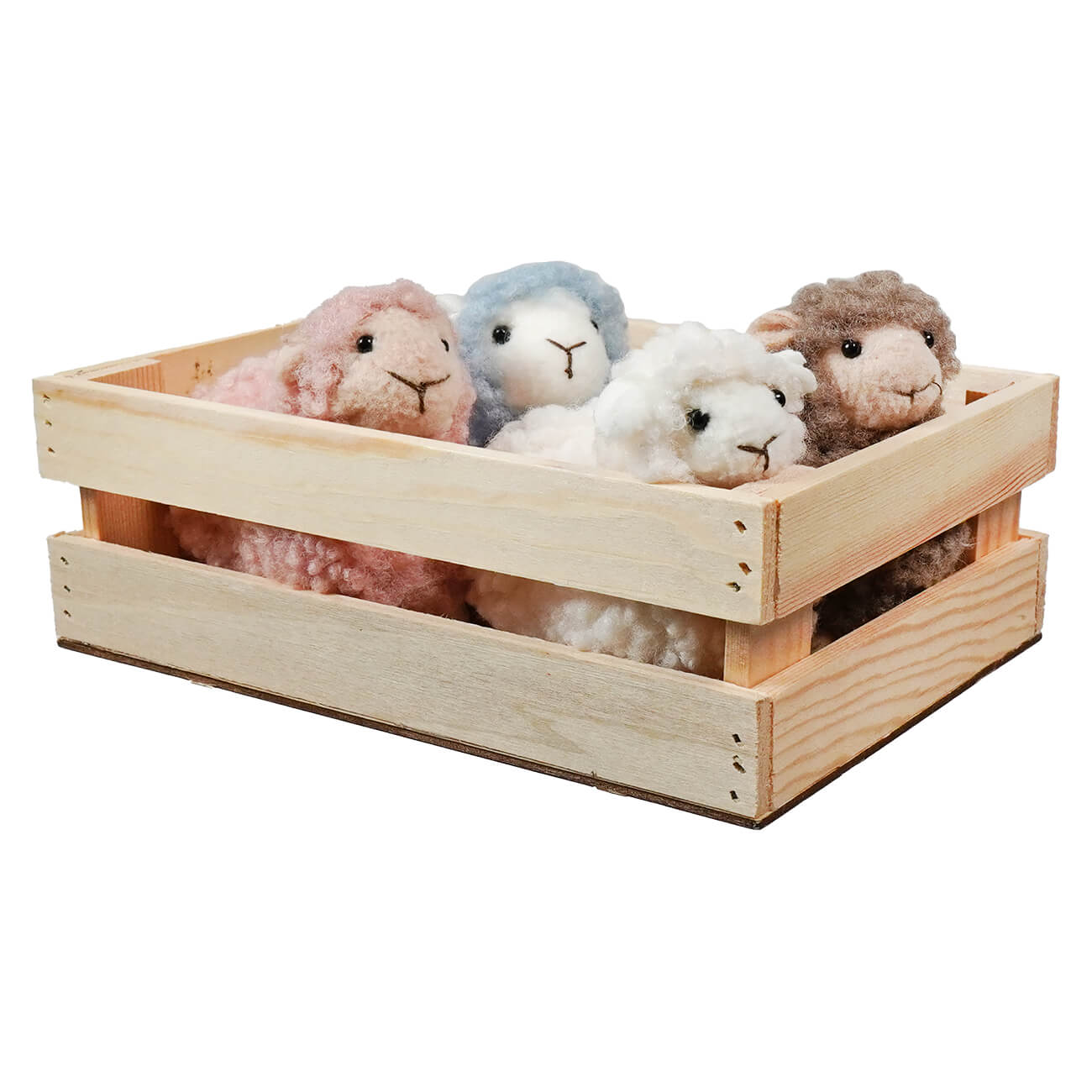 A wooden crate filled with handcrafted fluffy green wool standing sheep plush toys perfect for easter decor