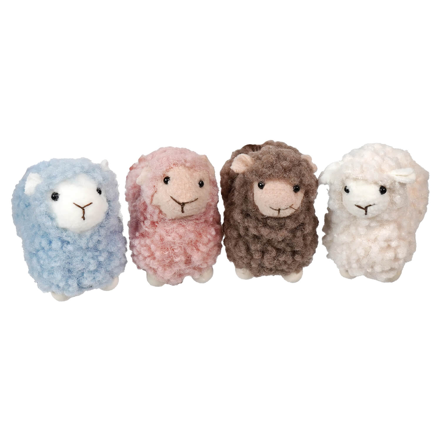 Handcrafted set of four wool standing sheep with fluffy green wool in pastel tones perfect for easter decor