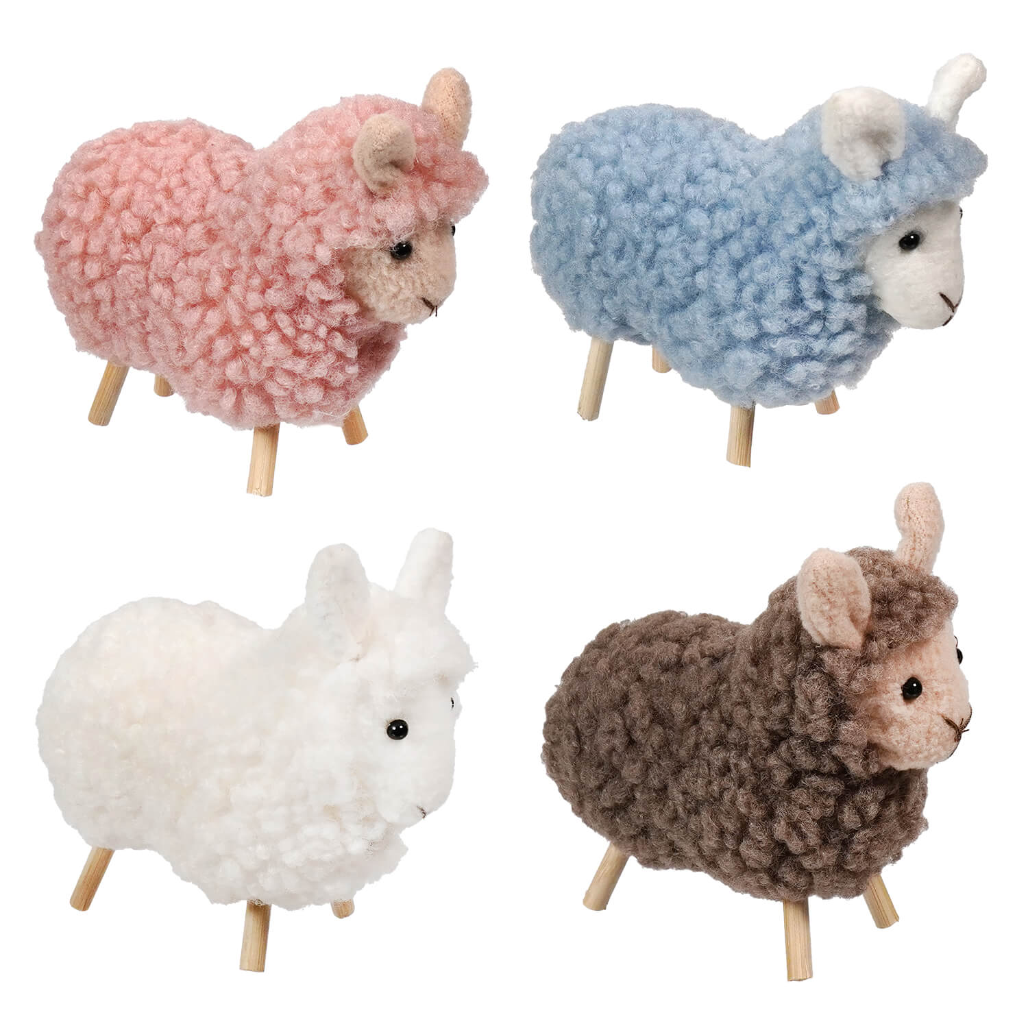 Four handcrafted fluffy lambs in pink blue white and brown with woolly bodies and wooden legs perfect for easter decor