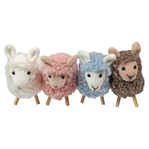 Handcrafted multicolored fluffy lambs set of 4 with woolly texture and wooden legs perfect for easter decor