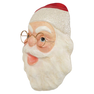 Handcrafted retro santa wall decor featuring a glittery white santa head with red hat and gold-rimmed glasses