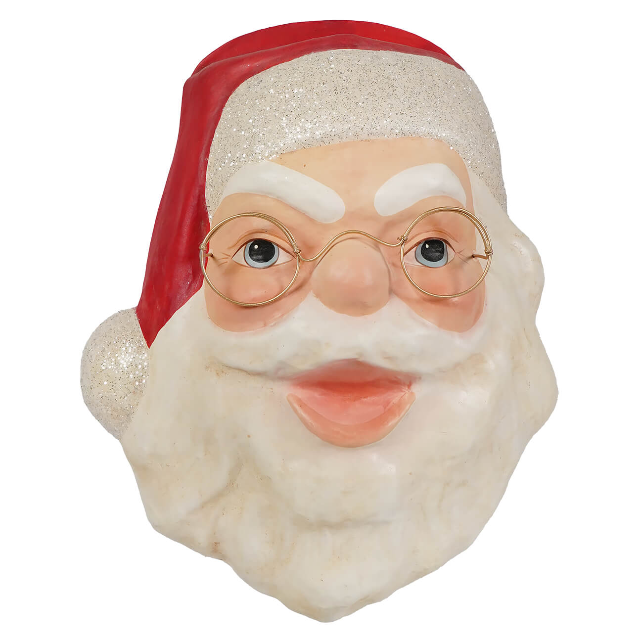 A cheerful handcrafted retro santa wall ornament with a red hat, glittery white trim, gold glasses, and detailed beard