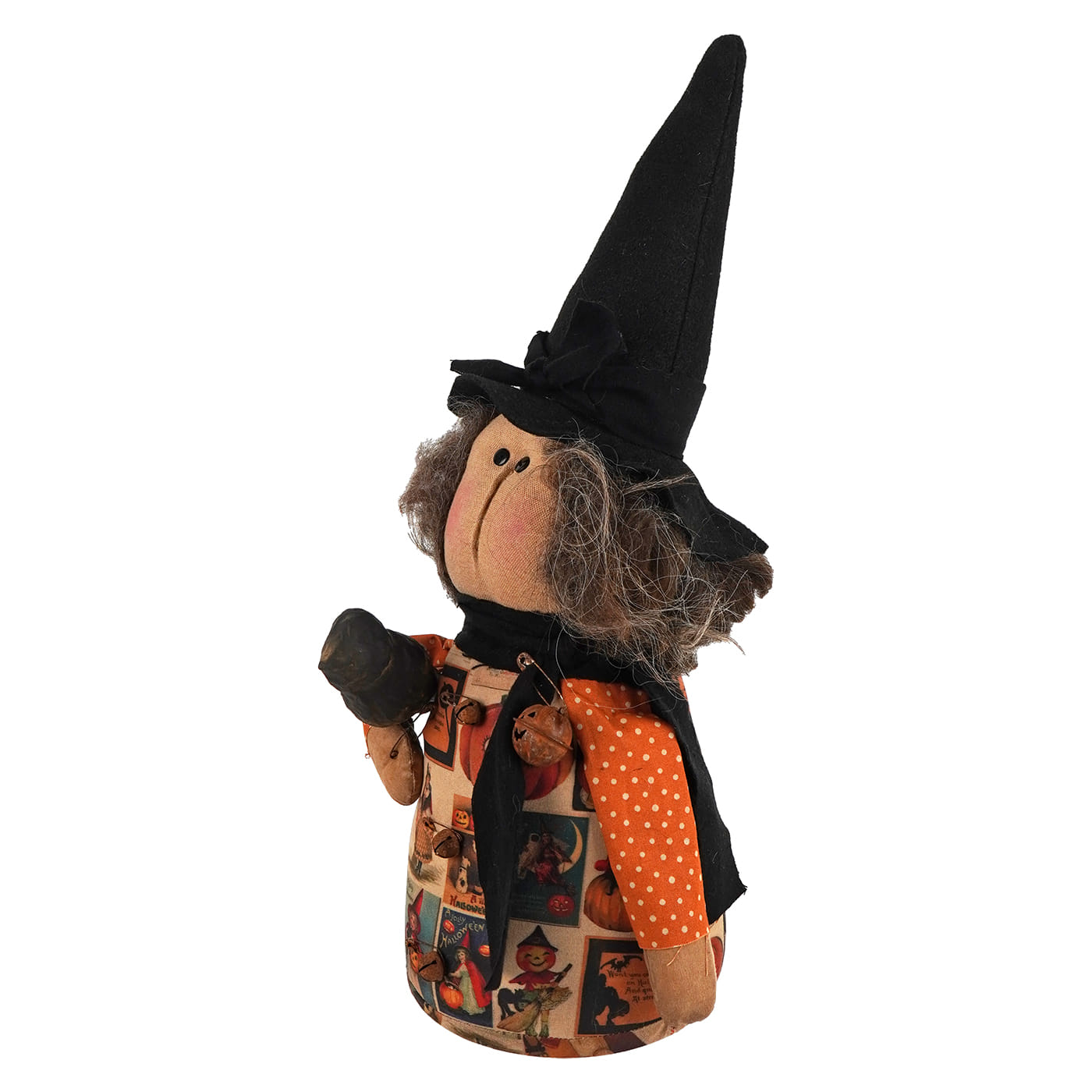 A handcrafted bertha vintage witch plush with tall black hat gray yarn hair and orange polka dot cape for lighted decor