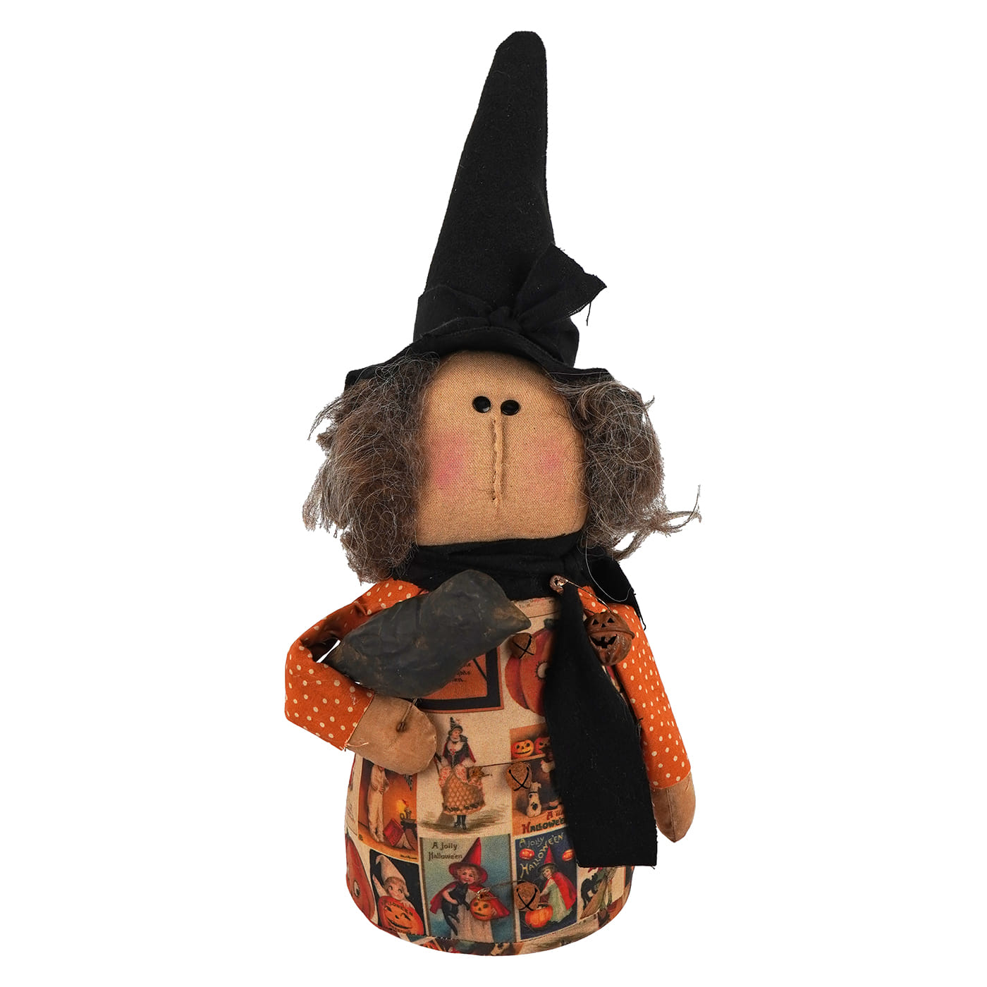 Handcrafted vintage witch figurine bertha vintage witch with black hat gray yarn hair and orange polka dot dress lighted decor