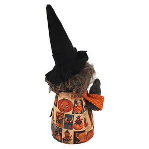 Handcrafted vintage witch holding crow plush with black hat gray yarn hair and fabric dress vintage witch print lighted decor