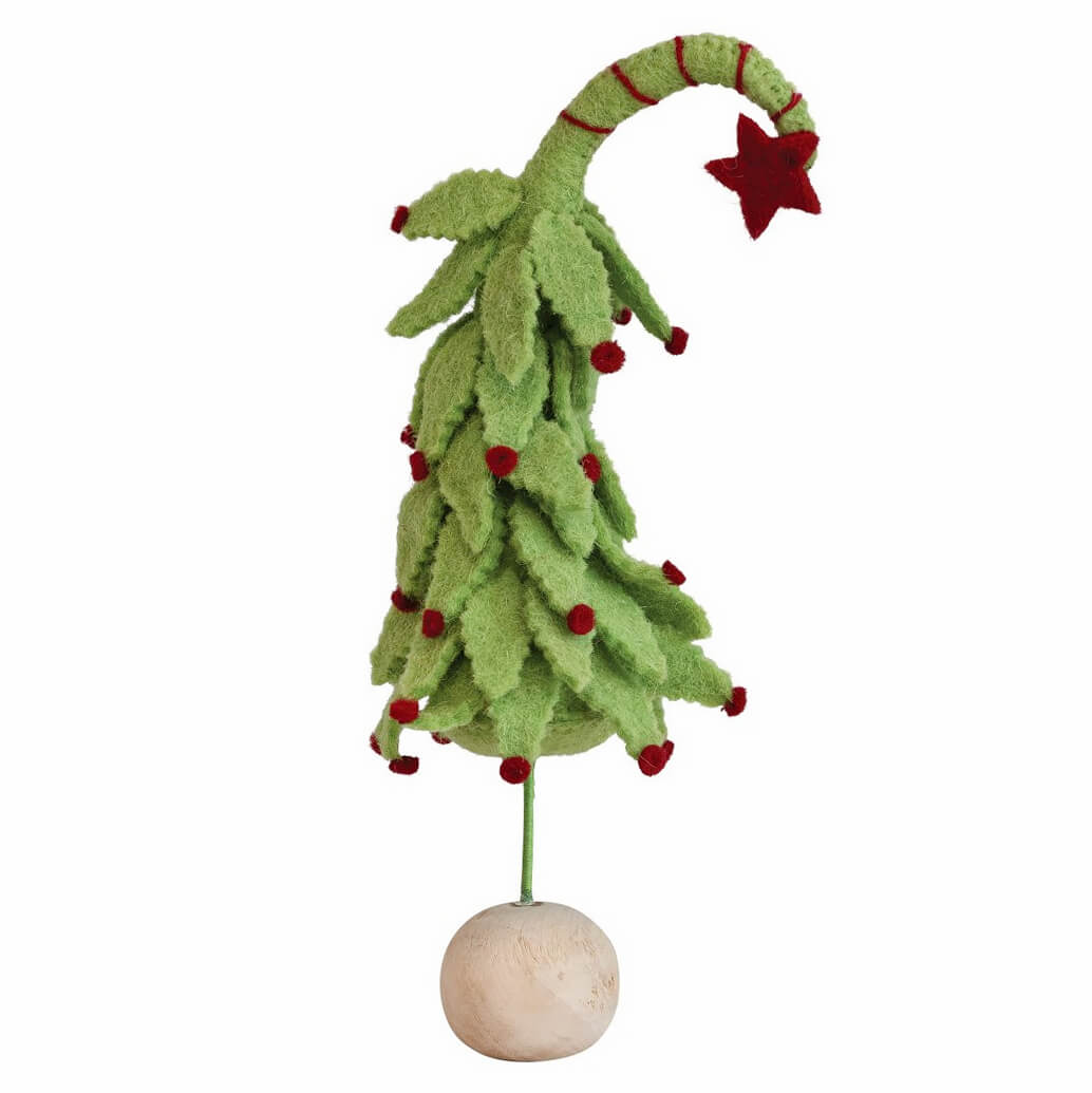 Whimsical felt Christmas tree with a curled top and red star ornament.