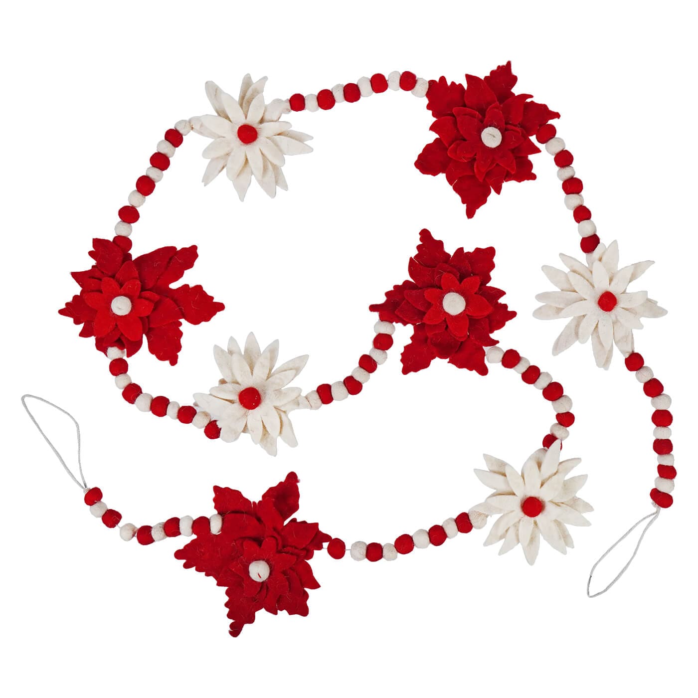 Handmade Red & White Wool Felt Flower & Ball Garland - Christmas