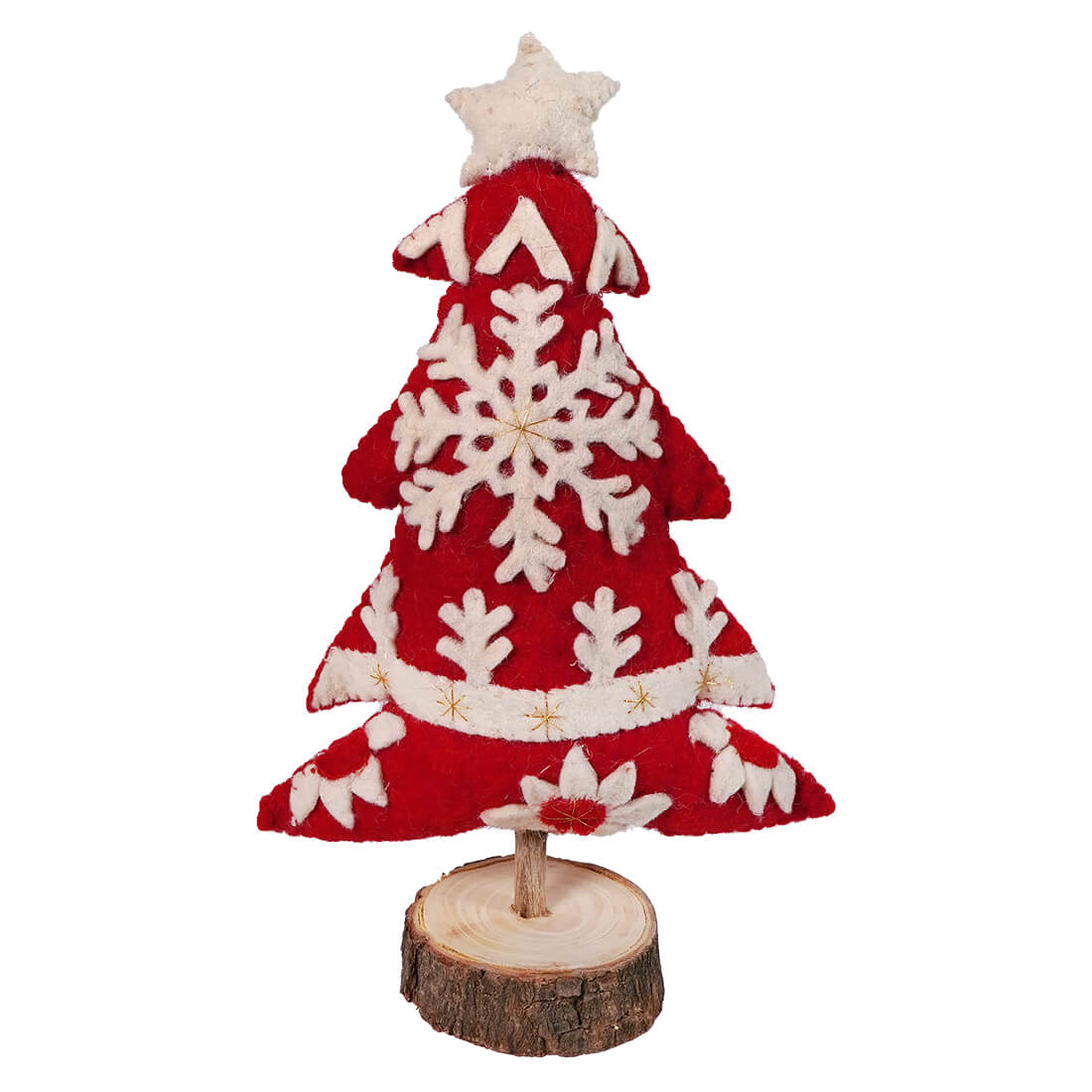 Red and white felt Christmas tree decoration with snowflake patterns on a wooden base.