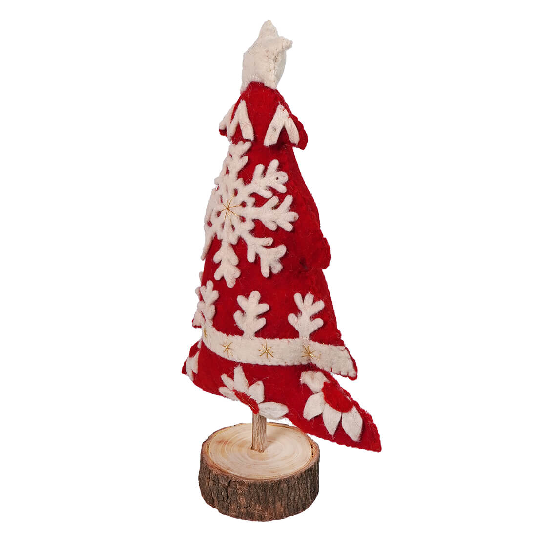 Red felt Christmas tree decoration with white snowflake patterns on a wooden base.