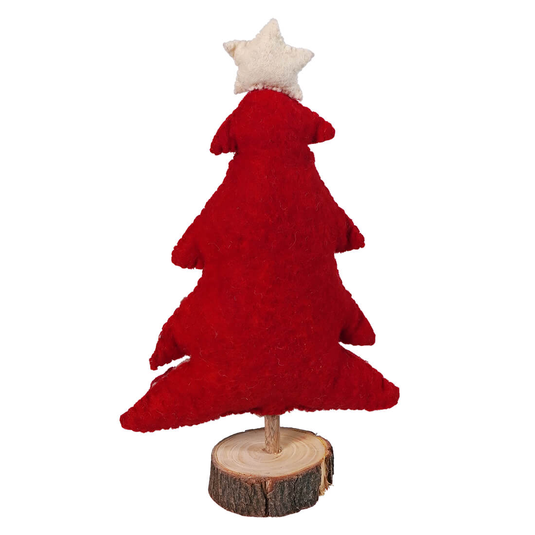 Red felt Christmas tree decoration with a white star on top, standing on a wooden base.