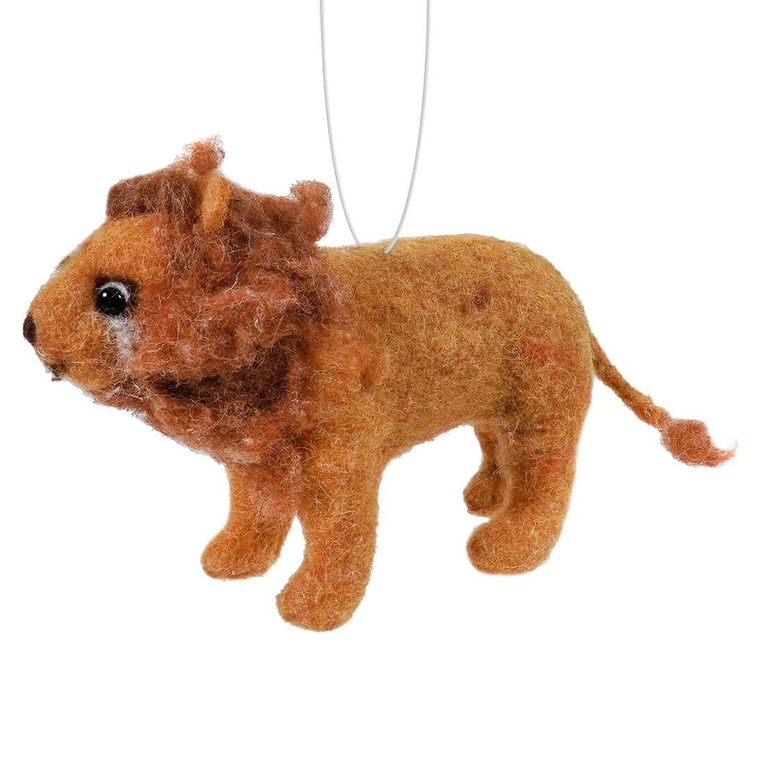 Handmade wool felt lion safari animal ornament in golden brown with textured mane and black bead eyes from wool felt co-op