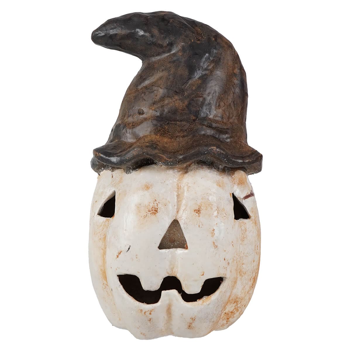 Hanging White Pumpkin Jack-O’-Lantern Wearing Black Hat - Halloween