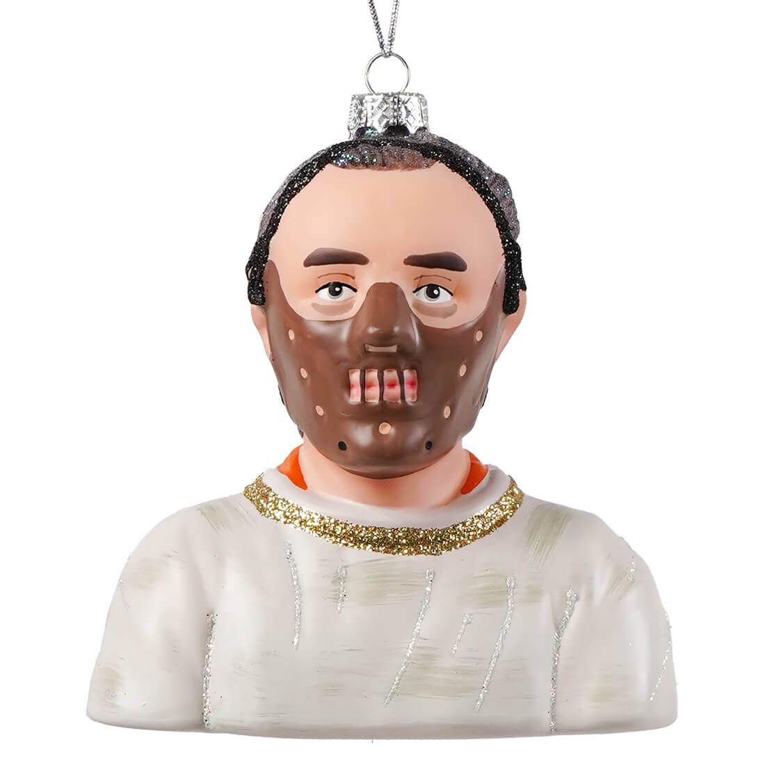 Hannibal lecter glass ornament with brown dotted mask and black glittery hair perfect for cody foster christmas decor