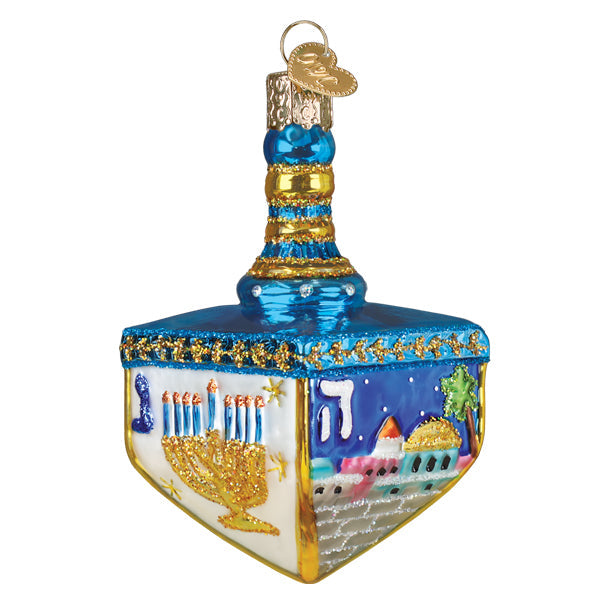 Blue and gold glass hanukkah dreidel ornament with menorah scenes hebrew letters jerusalem skyline figural decor