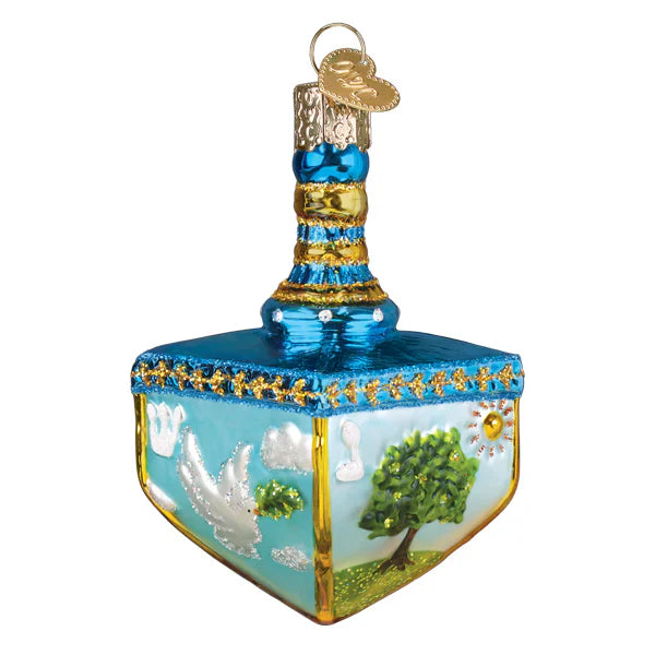 Blue glass dreidel ornament with gold trim and painted trees doves and clouds perfect as figural decor or tree topper