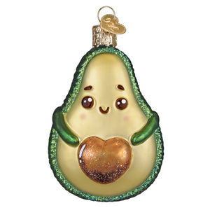 Happy avocado ornament a green and beige glass avocado ornament with glittery edges heart pit figural decor or tree topper