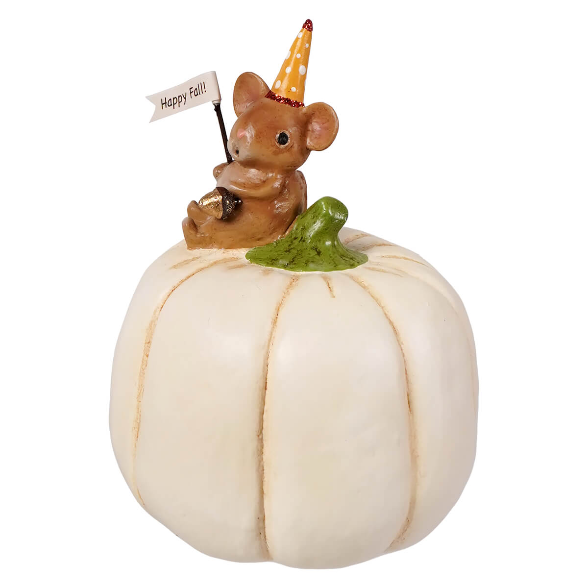 A charming brown kitty boo mouse figurine with yellow polka dot party hat holding happy fall flag on white pumpkin