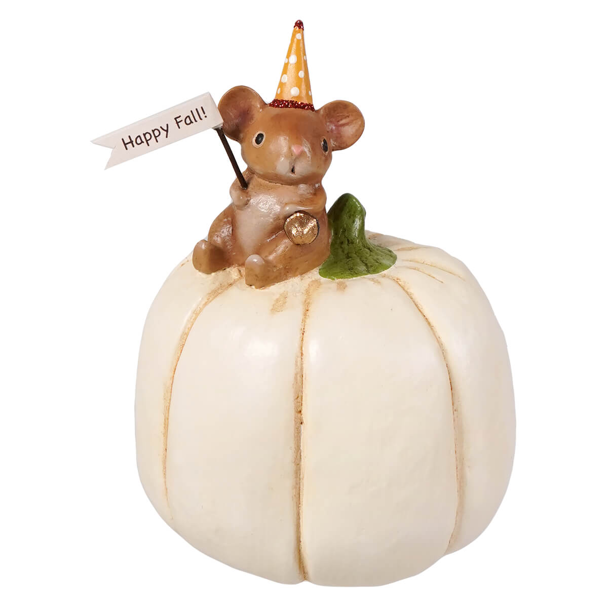 A charming brown mouse figurine wearing a yellow polka dot party hat holds a happy fall banner on a cream pumpkin perfect for kitty boo decor