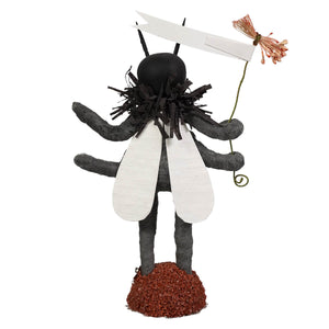 Happy fly figure black fly figurine with white wings made of spun cotton illusion and a decorative banner