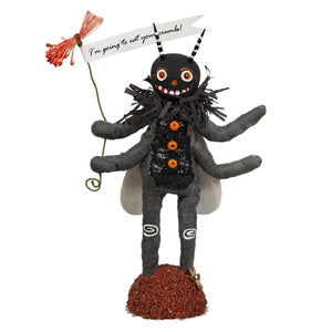 Happy fly figure black whimsical spun cotton illusion fly with orange button details and striped banner moon man figure
