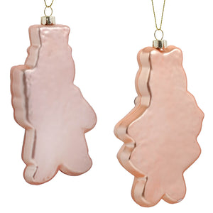 Rose gold bear-shaped glass gingerbread dessert and confectionery ornaments set of 2 with glossy finish and hanging chains