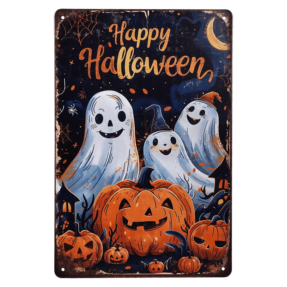 Halloween-themed decorative metal sign featuring cartoon ghosts and jack-o’-lanterns.