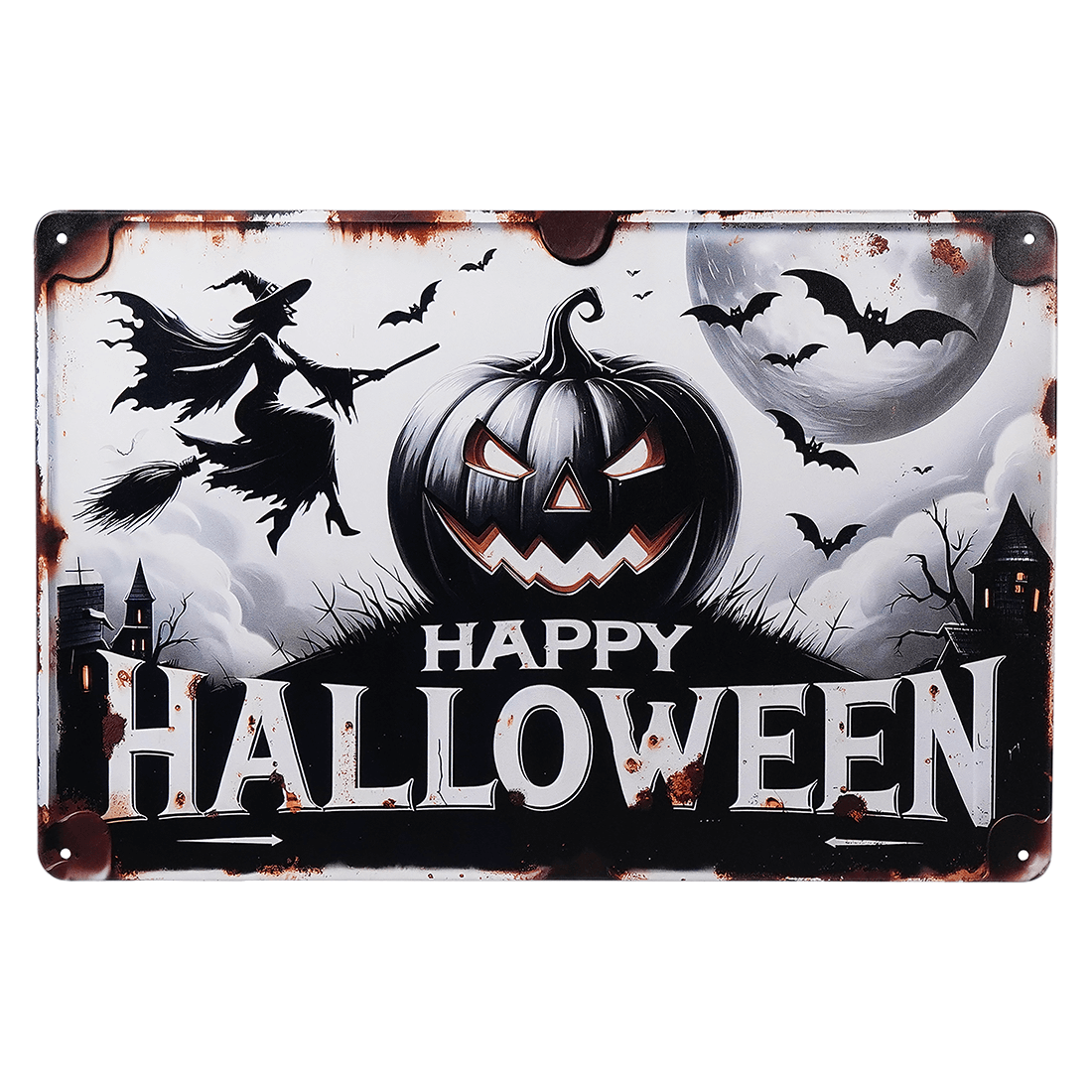 Halloween-themed decorative metal sign with spooky imagery and ’Happy Halloween’ text.