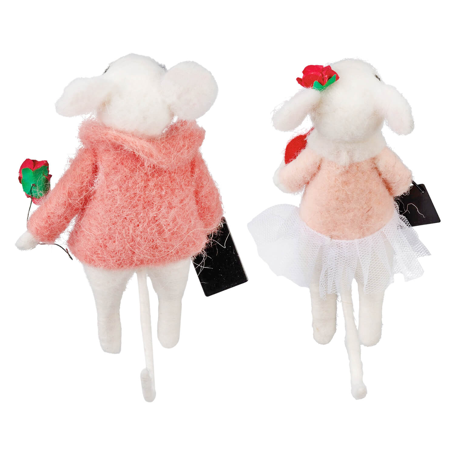 Two white felt happy place mice critters one in pink hooded coat holding rose the other in peach top with tulle skirt holding rose