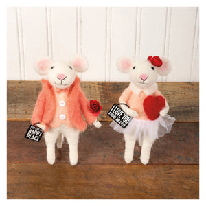 A happy place mice critter set of two white felt mice figurines dressed in coral and peach holding a rose and heart