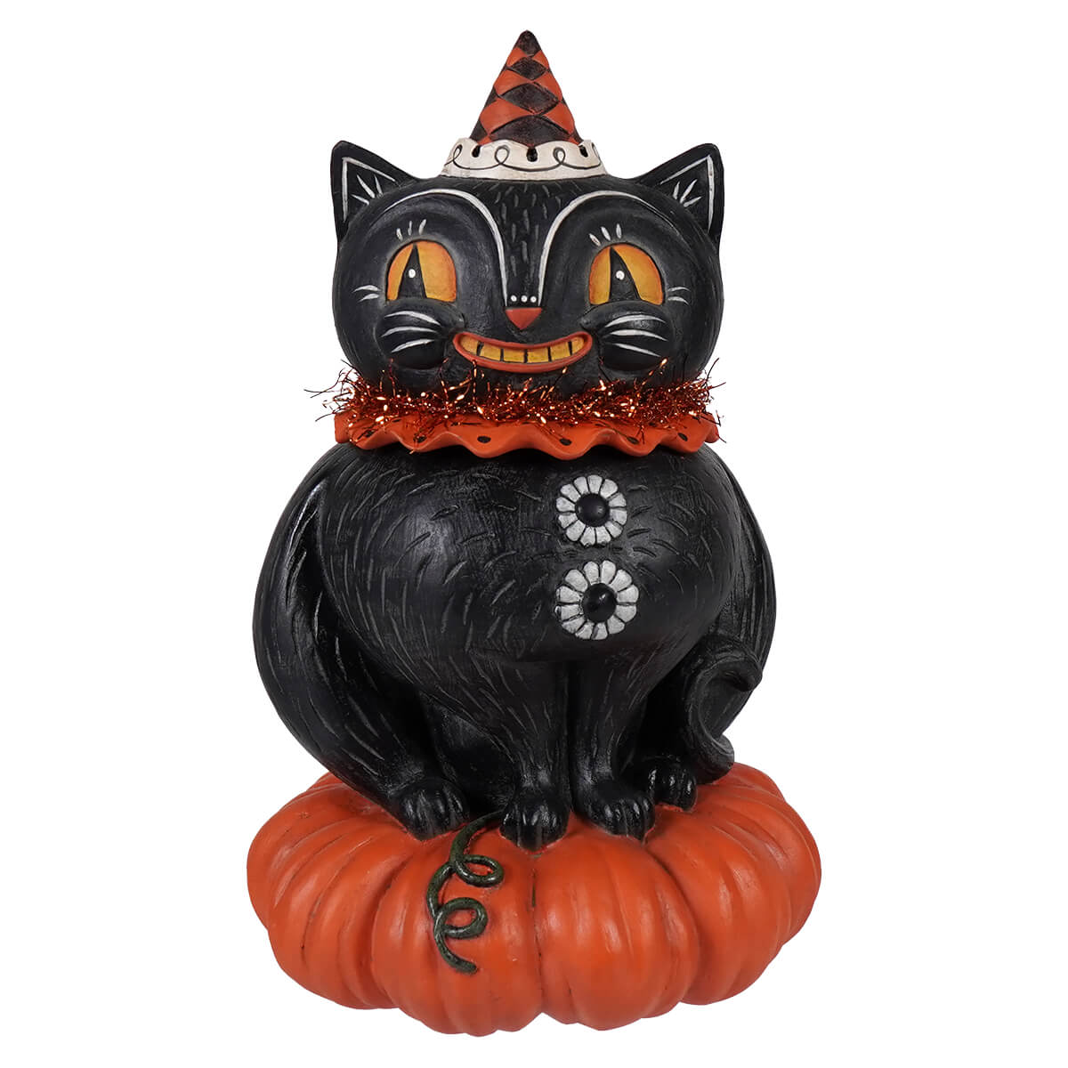 Happy plumpkin jack black cat figurine with jack o lanterns detail on plumpkin jack container for halloween decor