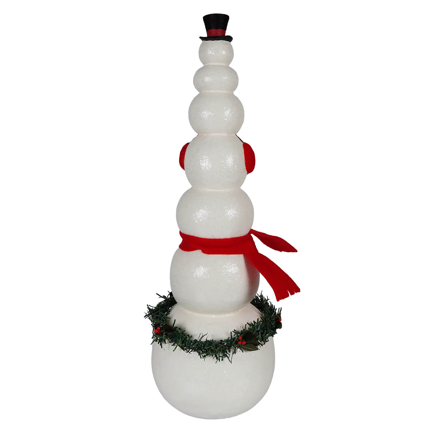 Happy snowman stack is a white glossy snowman figurine with a black top hat red scarf earmuffs and green wreath base perfect christmas snowman decor