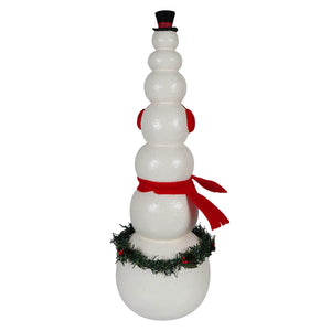 Happy snowman stack is a white glossy snowman figurine with a black top hat red scarf earmuffs and green wreath base perfect christmas snowman decor