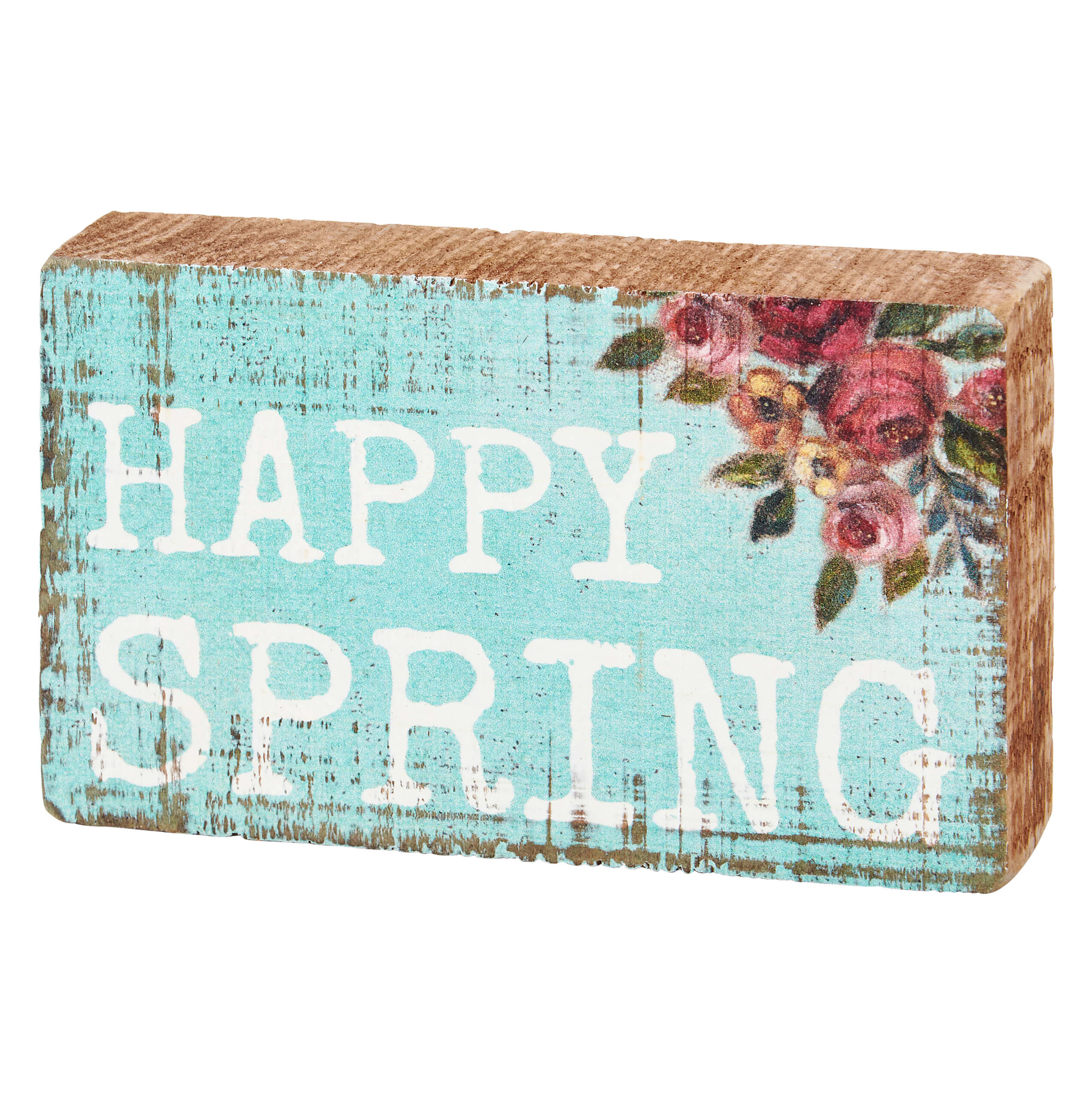 Rustic wooden block sign with ’HAPPY SPRING’ text and floral design on turquoise background.