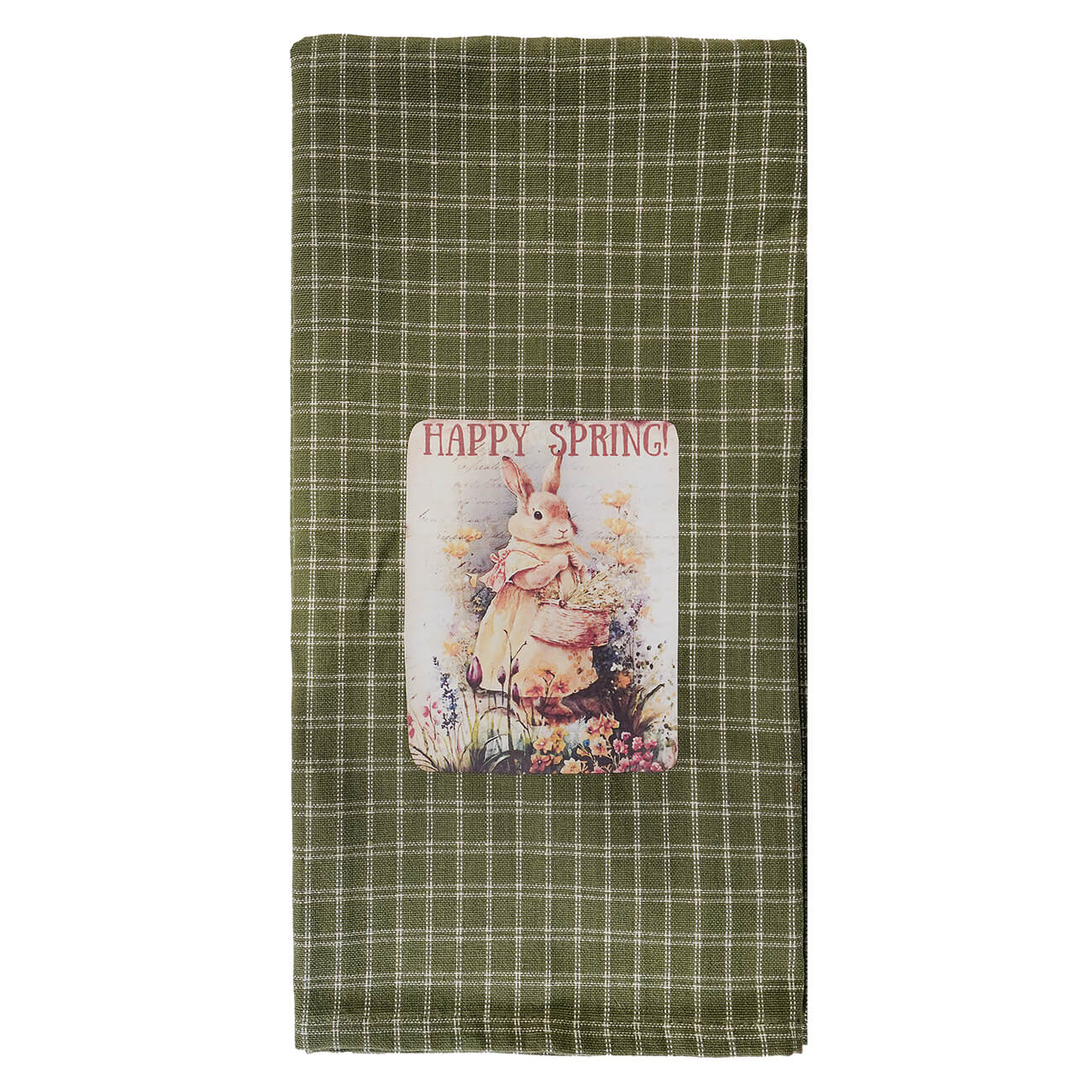 Olive green plaid happy spring towel with pink rabbit hand-painted resin design perfect spring towel for kitchen use