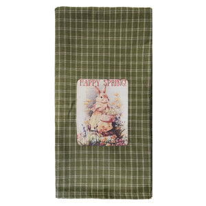 Olive green plaid happy spring towel with pink rabbit hand-painted resin design perfect spring towel for kitchen use