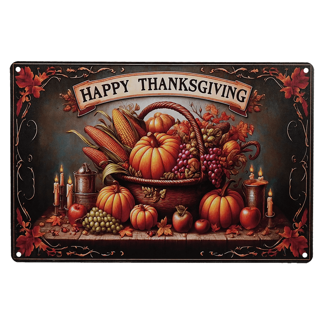 Decorative Thanksgiving sign featuring a bountiful harvest scene with pumpkins, corn, grapes, and candles.