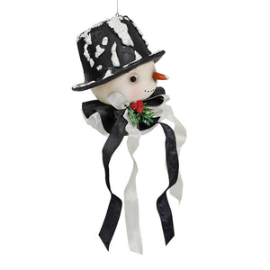 Harold flake ornament is a bethany lowe design black and white snowman ornament with top hat and red berry accent