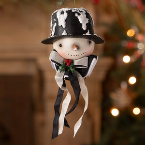 Black and white snowman ornament with top hat ribbon bow and red berries from bethany lowe design snowman ornaments