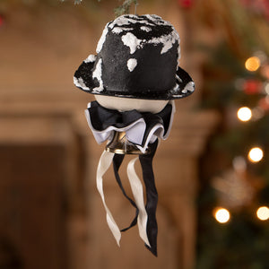 Harold flake ornament black top hat with white snow accents and black and white ribbon bow by bethany lowe design snowman ornaments