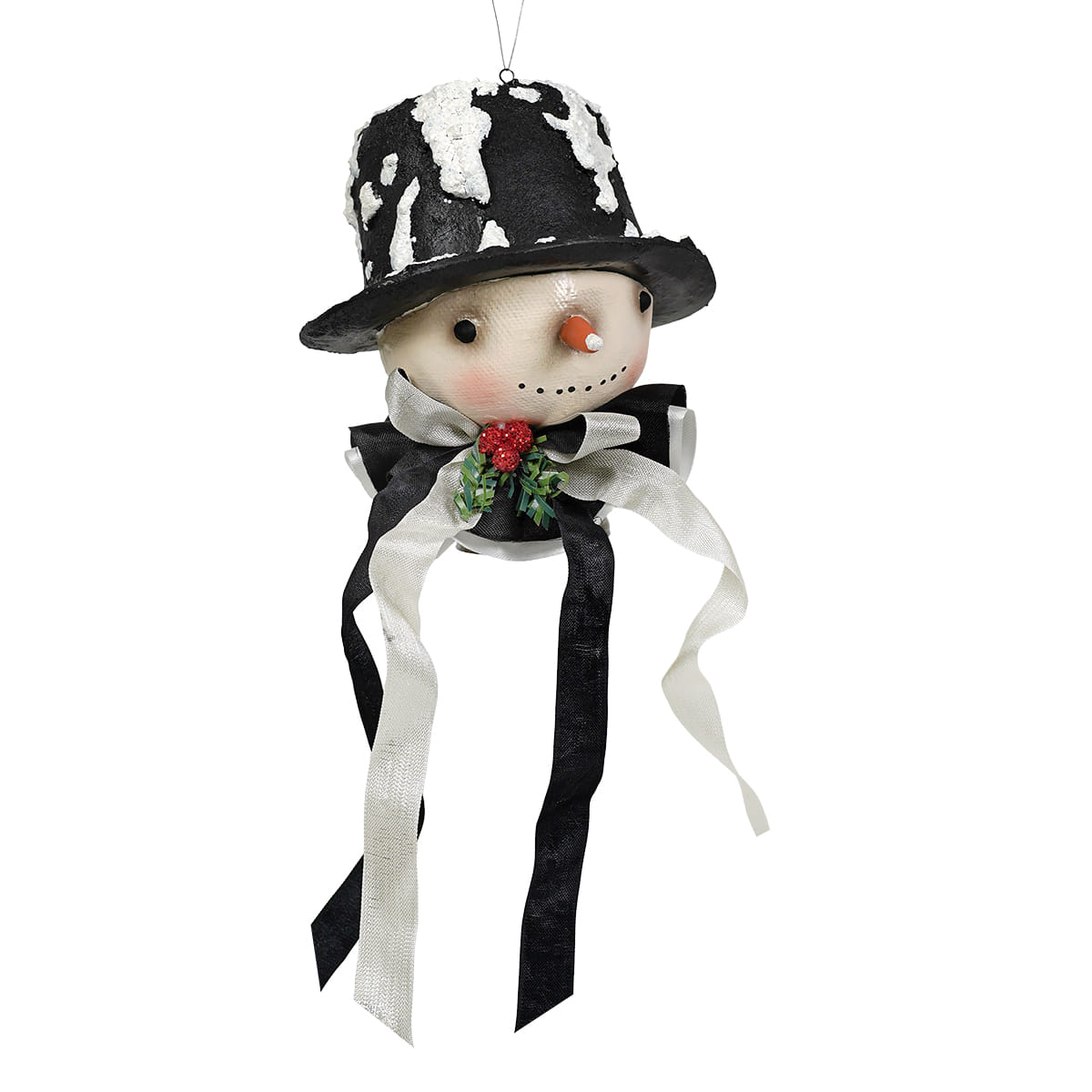 Harold flake ornament with black and white textured top hat and red berry accent by bethany lowe design
