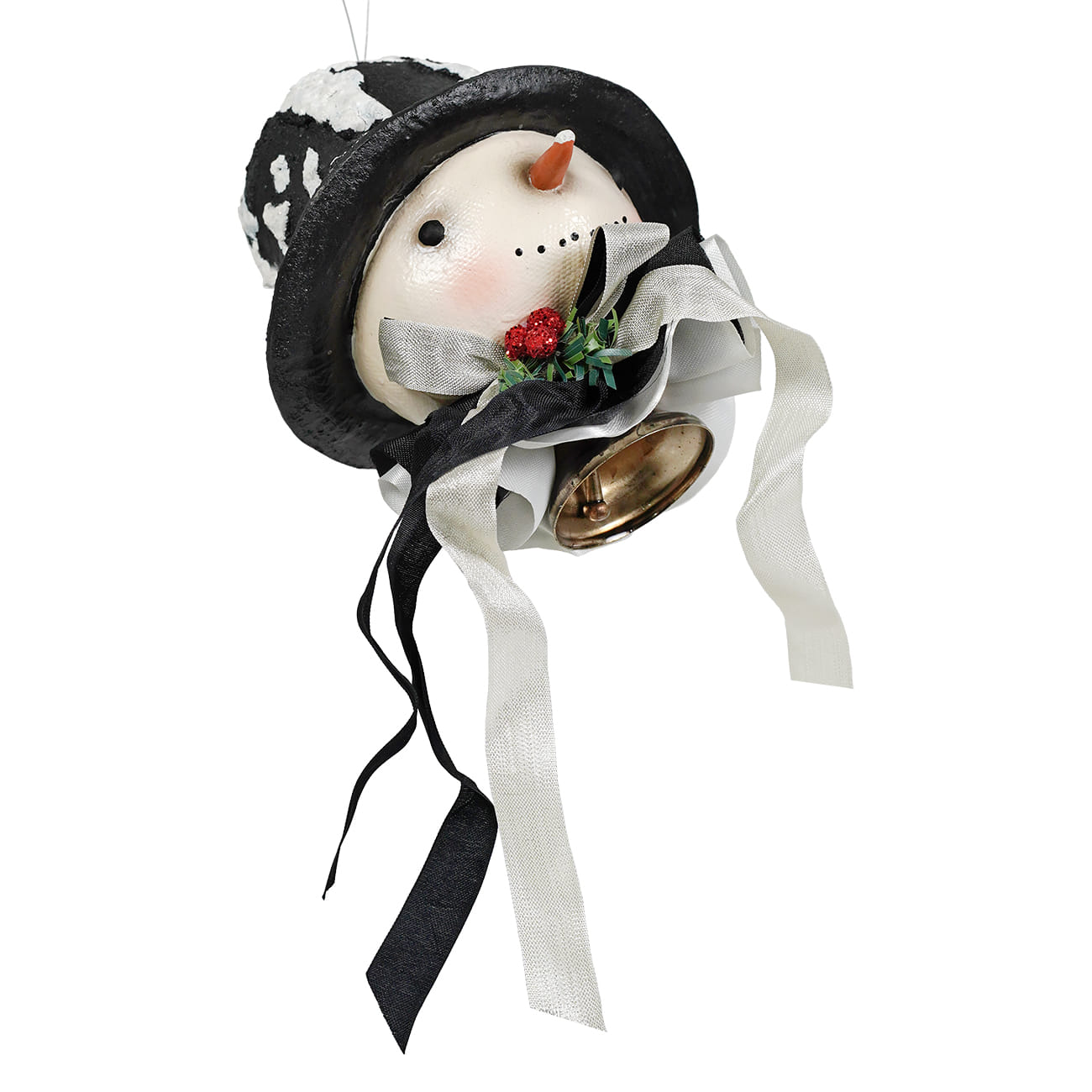 Black and white harold flake ornament snowman with bell ribbon ties and red berry by bethany lowe design christmas icon