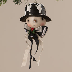 Harold Flake ornament snowman in black and white with top hat ribbon bow holly by Bethany Lowe Design snowman ornaments