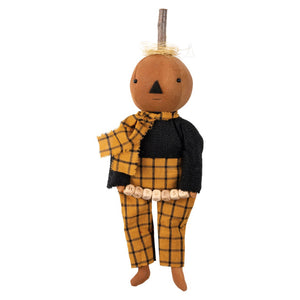 Rustic handcrafted harvest hattie pumpkin doll with tan pumpkin head wearing plaid scarf and holding harvest beads
