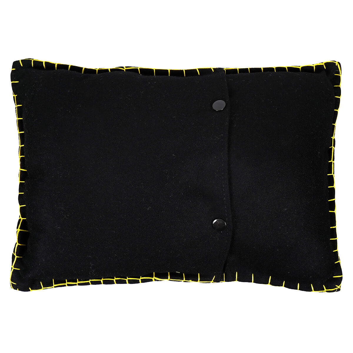 Black felt harvest pumpkins rectangle pillow with bright yellow stitching and two black button closures perfect thanksgiving pillows