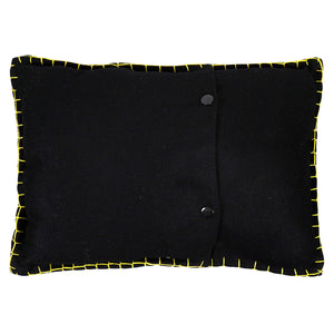 Black felt harvest pumpkins rectangle pillow with bright yellow stitching and two black button closures perfect thanksgiving pillows