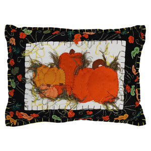 Black quilted harvest pumpkins rectangle pillow with orange and yellow pumpkins and embroidered autumn leaves for thanksgiving pillows