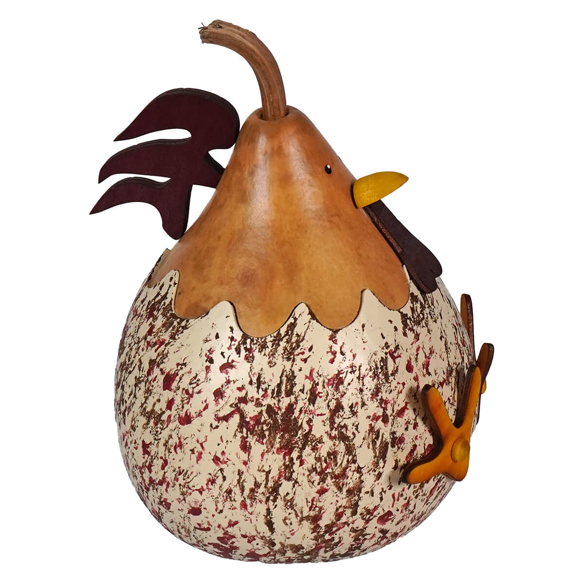A rustic handmade chicken gourd sculpture called hattie hen by meadowbrooke gourds with painted and wooden details