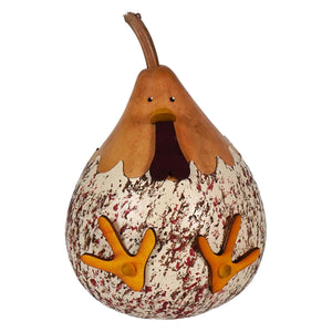 A rustic handcrafted hattie hen chicken gourd with speckled red and white eggshell by meadowbrooke gourds